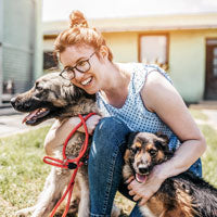Woman playing with rescue dogs